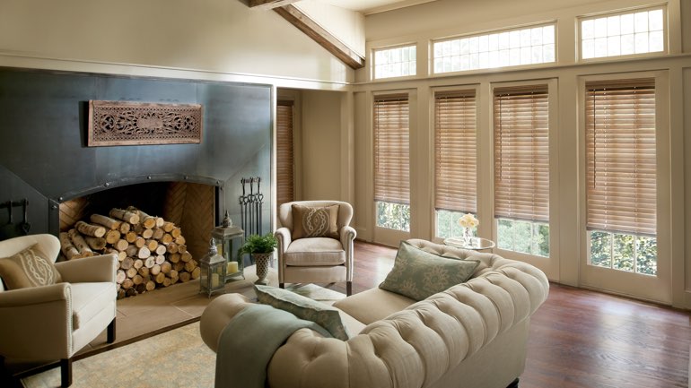 San Antonio fireplace with blinds
